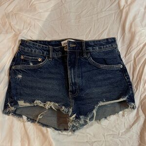 Zara Women's Dark Blue Frayed Denim Shorts